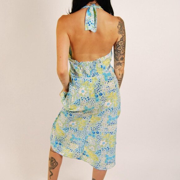 Floral Halter Dress (S/M) vintage 90s blue impressionist small - Picture 3 of 7